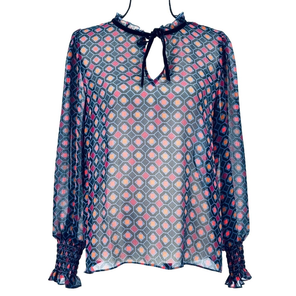 HighLine Sheer Peasant Blouse Chiffon Long Sleeves Velvet Neck Tie Size Medium